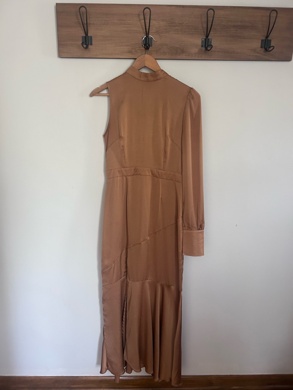 ASOS One-Sleeve Asymmetrical Satin Maxi Dress in Camel